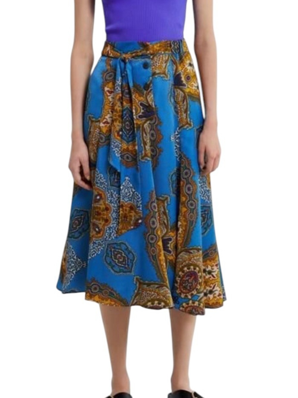 Zara Blue Paisley Print Satin Tie Waist A-Line Midi Skirt - M